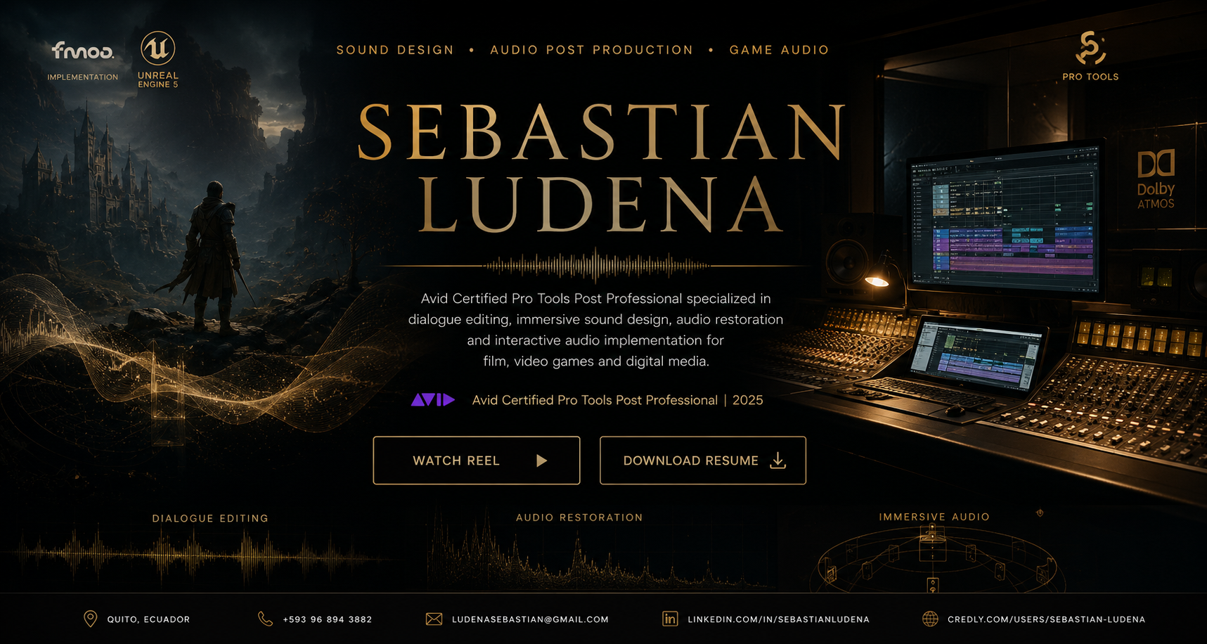 Sebastian Ludena — Sound Designer, Audio Post Production and Game Audio. Avid Certified Pro Tools Post Professional specializing in dialogue editing, audio restoration and immersive audio.